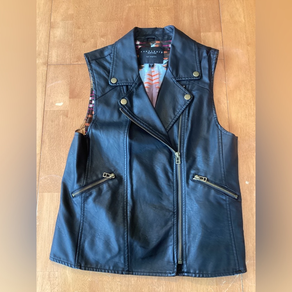Sanctuary Black Faux Leather Vest Sleeveless Zip Up Moto Jacket Women’s Size S